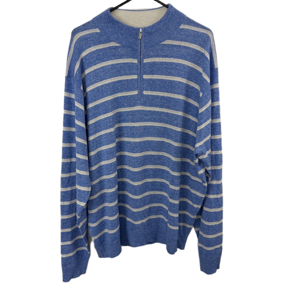 Peter Millar Sweater Mens XXL Blue Striped Merino Wool Linen 1/4 Zip Maritime